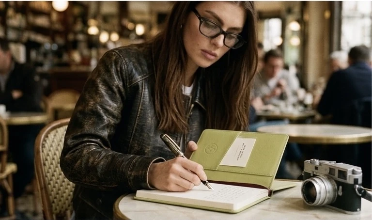 Écrire dans le carnet Élément, à la table d'un café parisien