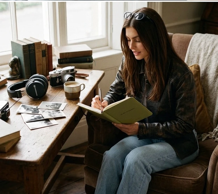 Le carnet posé sur une table de bois, entre livres, appareil photo et café