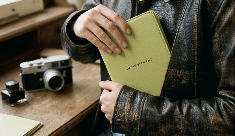 Le carnet glissé dans une veste de cuir