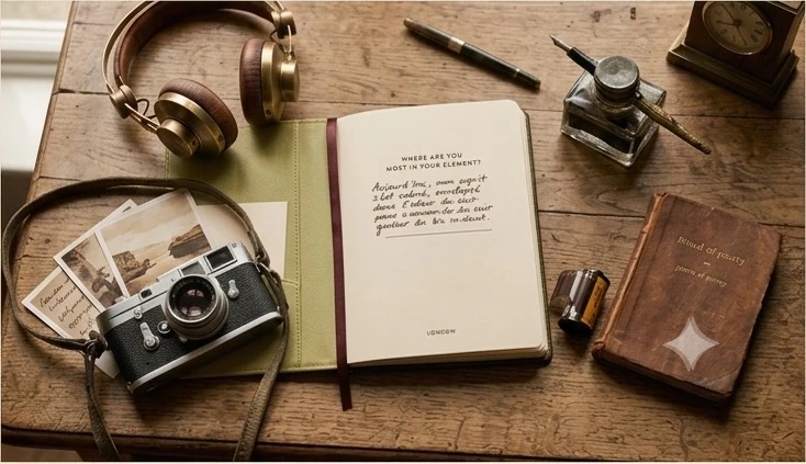 Le carnet ouvert : la page imprimée demande « Where are you most in your element? »