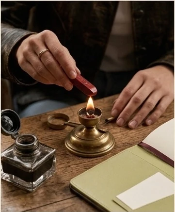 Un cachet de cire chauffé au-dessus du carnet