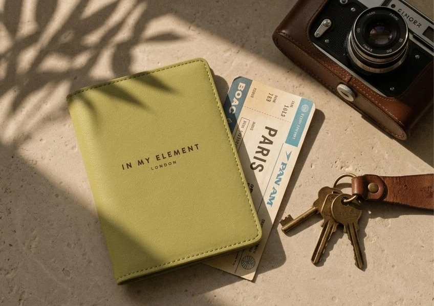 Porte-passeport en cuir vert Élément, billet pour Paris, clés et appareil photo