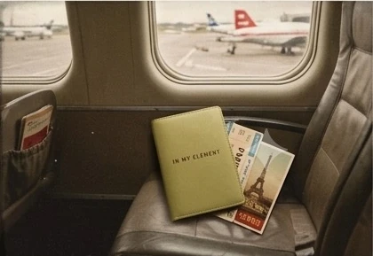 Le porte-passeport sur un siège d'avion, près d'une carte postale de Paris